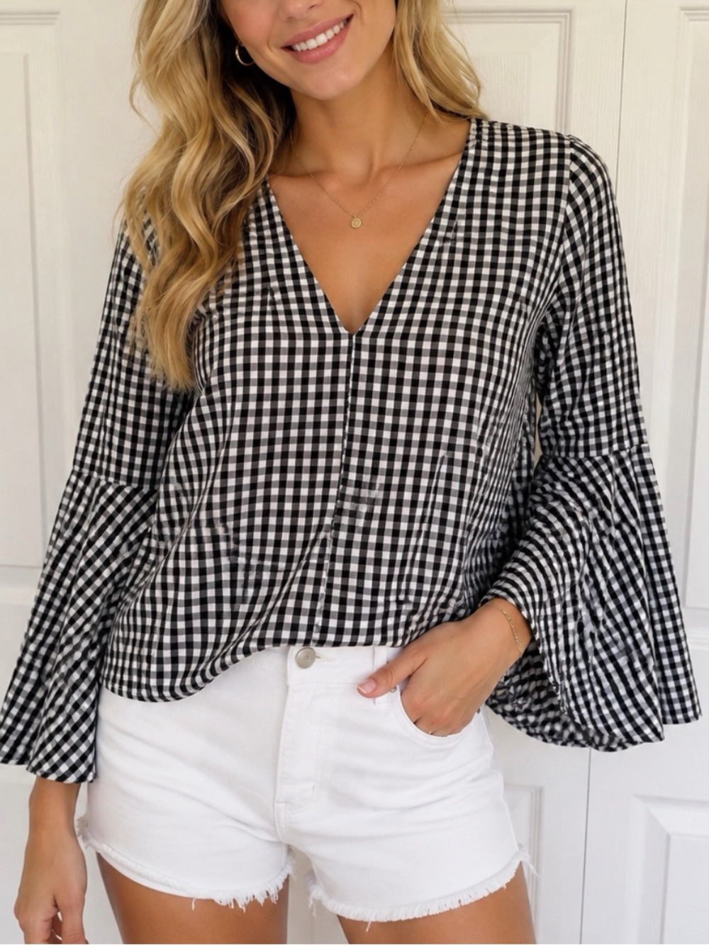 AQua Black and White Gingham V-Neck Bell Sleeve Top